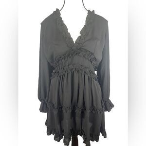 Women’s Black V-Neck Open Back Witchy Fit & Flare Ruffled Dress Size L Whimsical